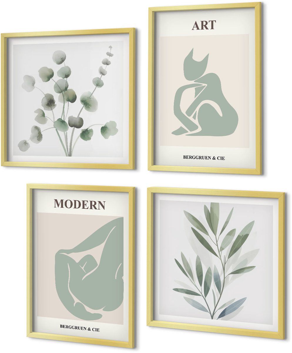 Coloray 4-Delige Schilderij Set - Plantmotieven in delicate groene tinten - 40 x 40 cm en 40 x 60 cm - Wanddecoratie - Schilderijen Set - Kantoor - Decoratieve Schilderijen