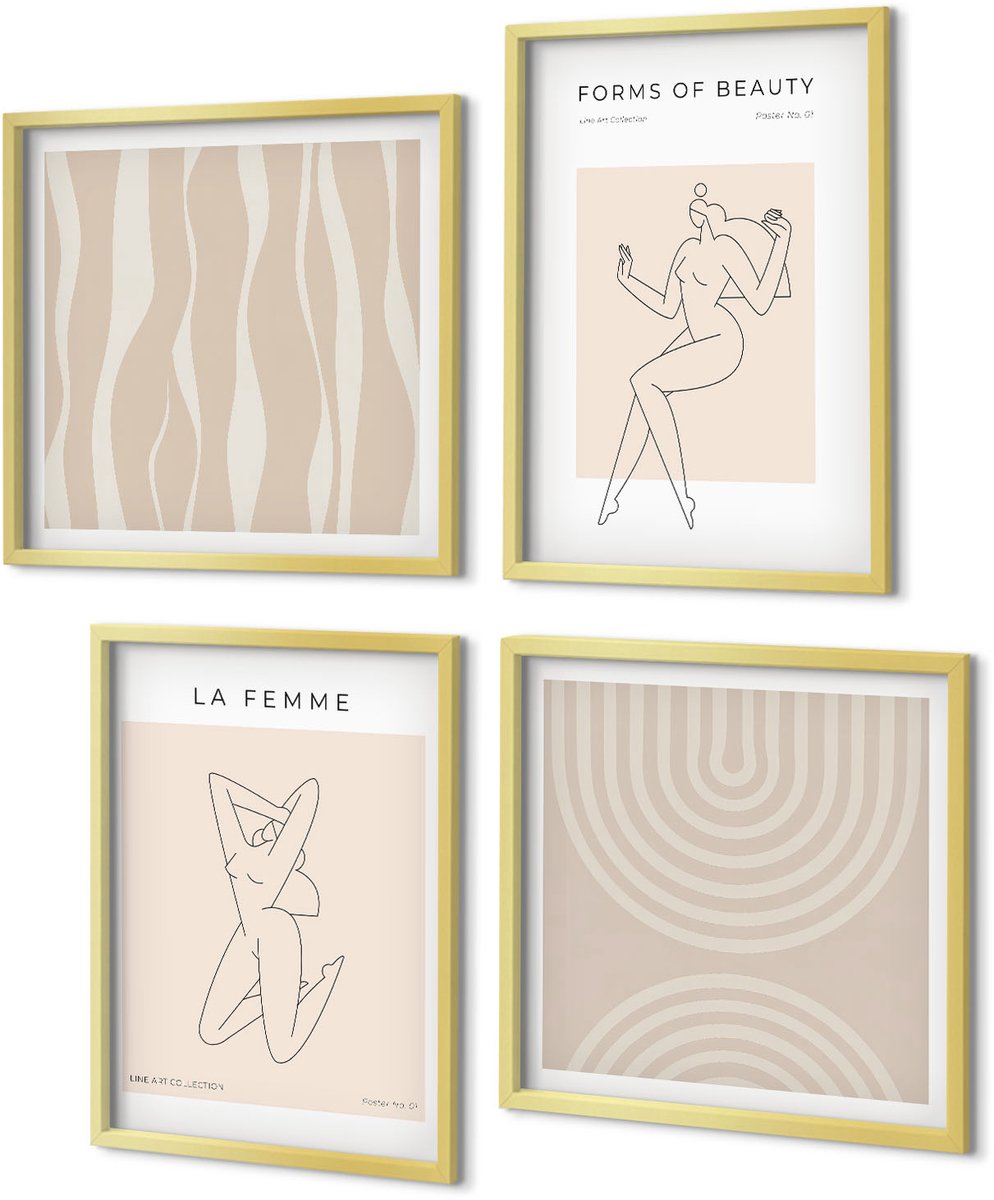 Coloray 4-Delige Schilderij Set - Een verzameling minimalistische vormen en natuurlijke figuren - 40 x 40 cm en 40 x 60 cm - Wanddecoratie - Muurdecoratie - Woonkamer