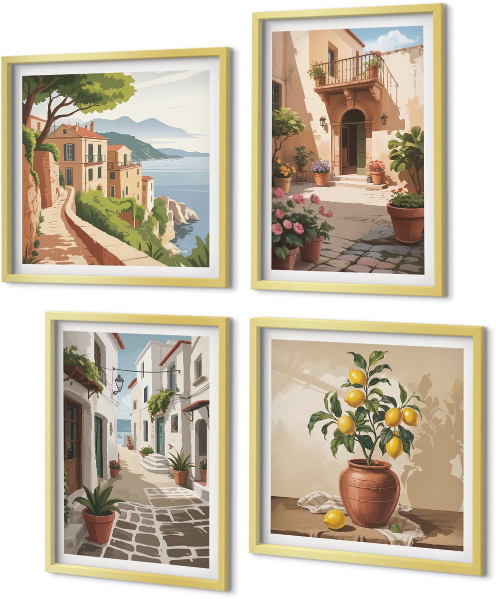 Coloray 4-Delige Schilderij Set - Schilderachtige straatjes met huizen en potplanten. - 40 x 40 cm en 40 x 60 cm - Wanddecoratie - Muurdecoratie - Moderne Interieurdecoratie - Interieur Decoratie