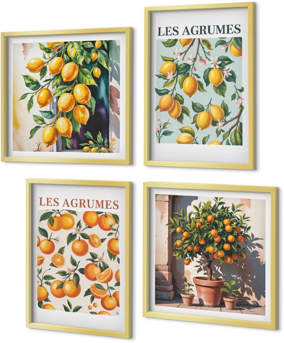 Coloray 4-Delige Schilderij Set - Fruitige citruspatronen in pastelkleuren - 40 x 40 cm en 40 x 60 cm - Wanddecoratie - Schilderijen Set - Kantoor
