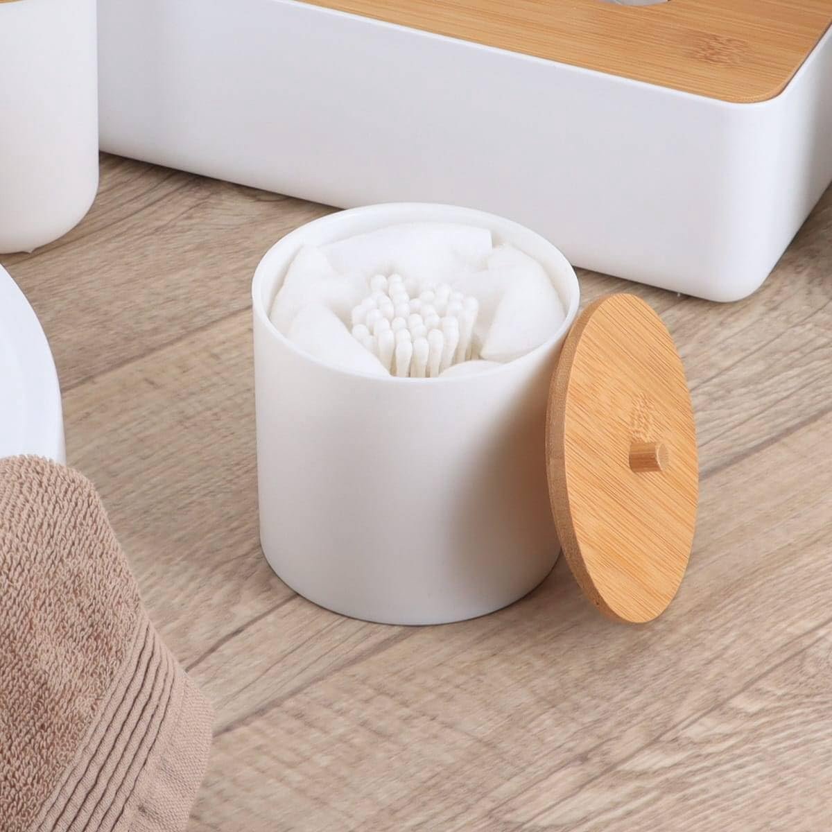 Tendance Watten- en Wattenstaafjeshouder - 9,8 x 9,8 x 10,5 cm - Wit - Bamboe Deksel