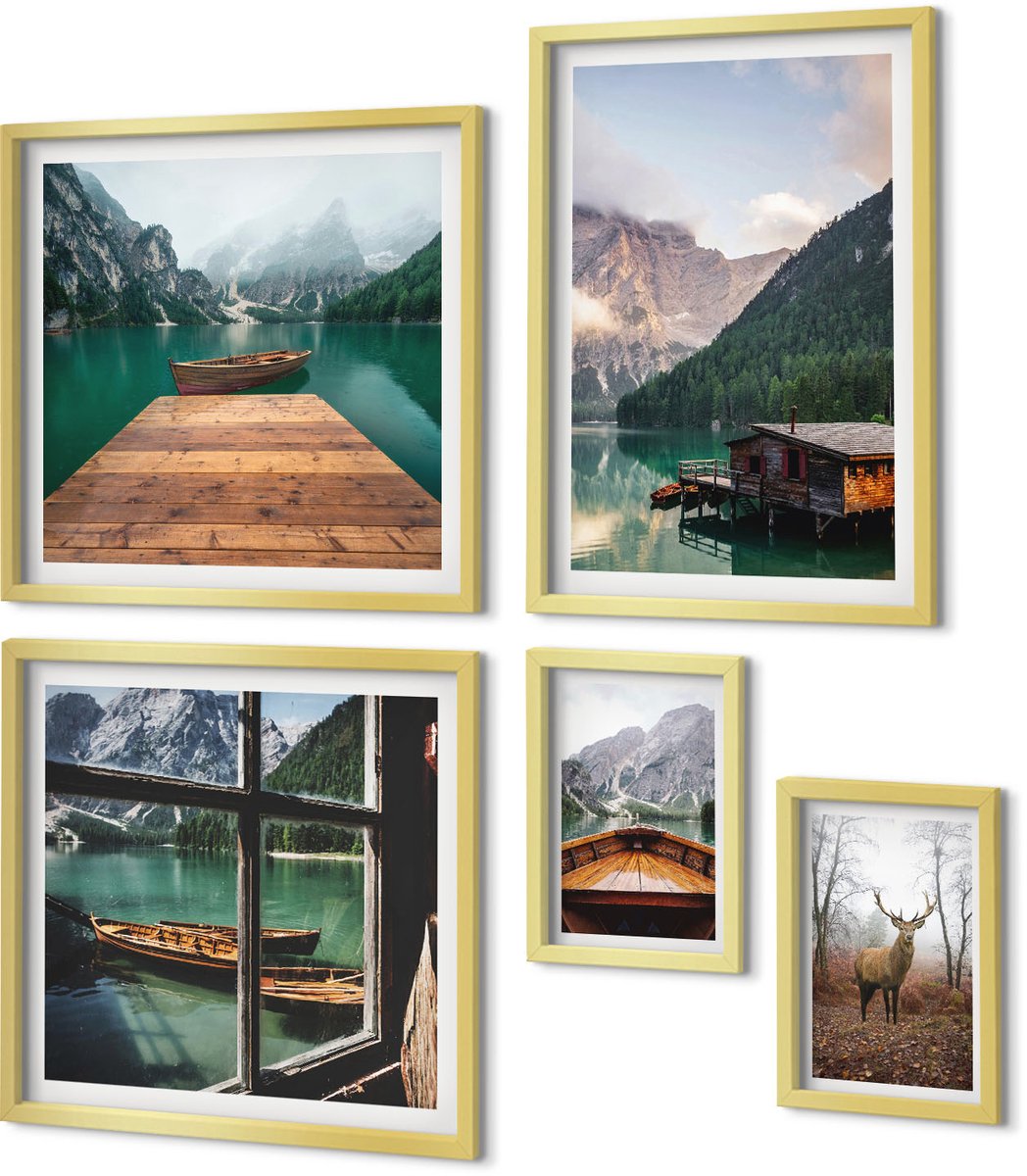 Coloray 5-Delige Schilderij Set - Berglandschappen Met Meren En Wilde Dieren - 50 x 50 cm, 20 x 30 cm En 40 x 60 cm - Moderne Wanddecoratie - Slaapkamer