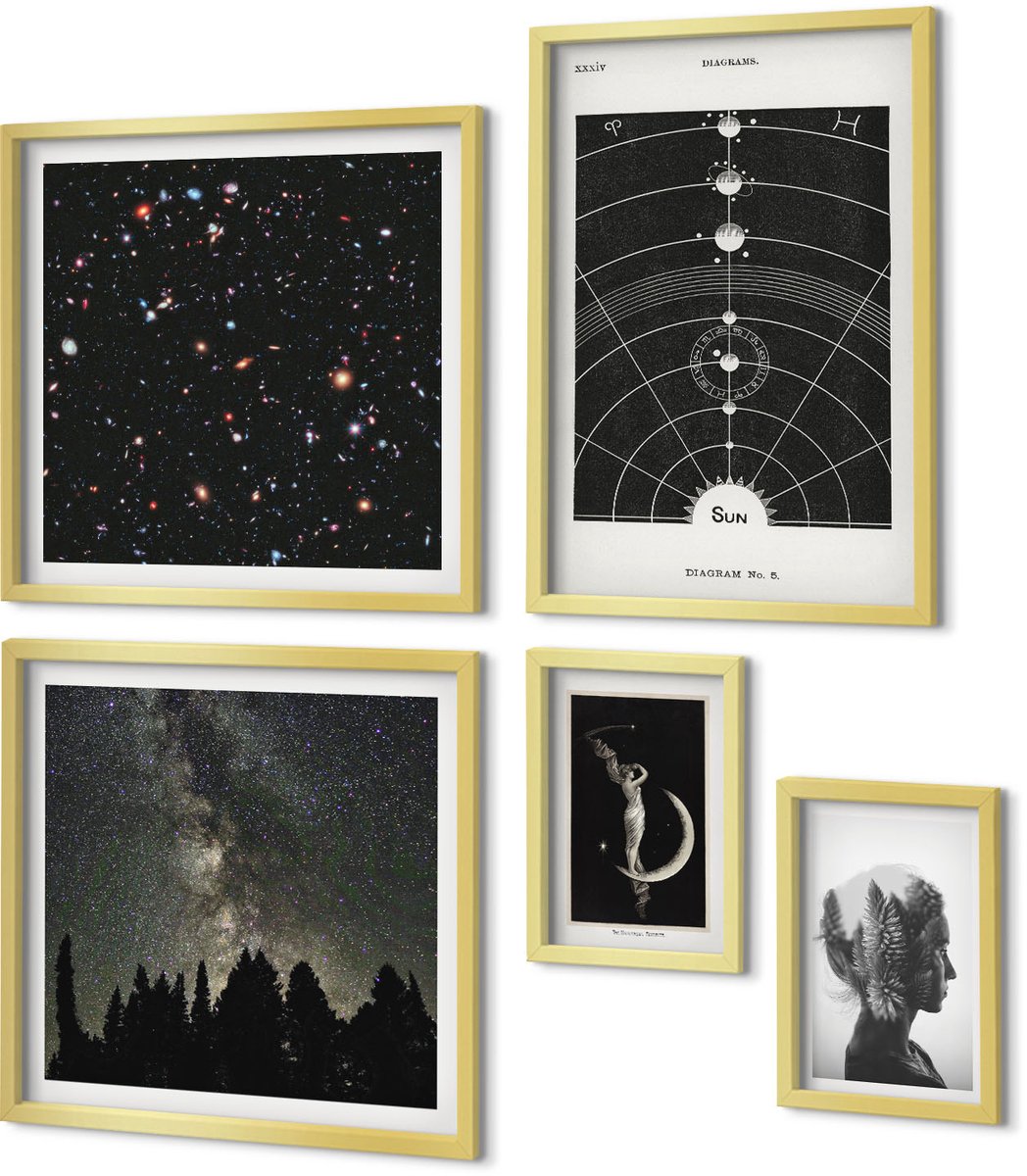 Coloray 5-Delige Schilderij Set - Kosmische Inspiraties Van De Melkweg En De Geheimen Van Het Universum - 50 x 50 cm, 20 x 30 cm En 40 x 60 cm - Wanddecoratie - Schilderijen Set - Interieur - Woonkamer Decoratie