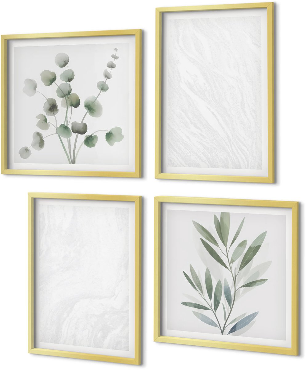 Coloray 4-Delige Schilderij Set - Elegante lineaire structuur van marmer met pastelkleurige takken - 40 x 40 cm en 40 x 60 cm - Moderne Wanddecoratie - Slaapkamer - Stijlvolle Muurdecoratie