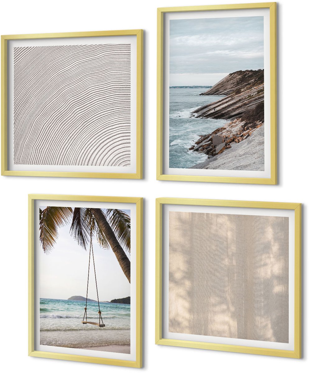 Coloray 4-Delige Schilderij Set - Zomers zand en uitzicht op zee Zomerse landschappen - 40 x 40 cm en 40 x 60 cm - Decoratieve Muurdecoratie - Slaapkamer