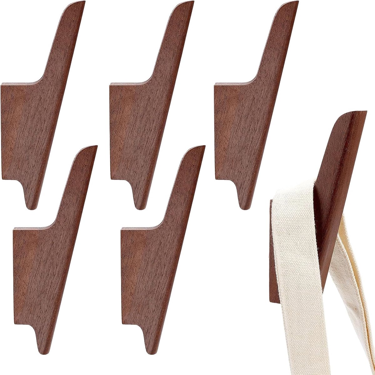 Set van 6 houten wandhaken, multifunctionele haken voor het ophangen van handdoeken, hoeden, kleding en tassen - ShopVlot
