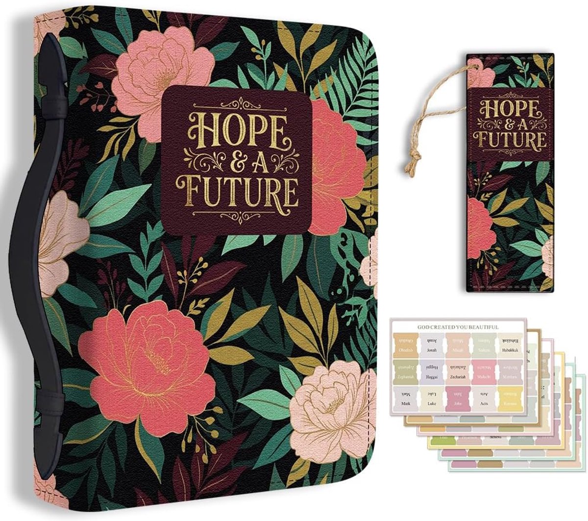Floral Bible Case PU Leather Bible Bag Bookmark Bouquet 20x11x5.8cm for Women Men Christian Bibles Notebooks Carrying - ShopVlot