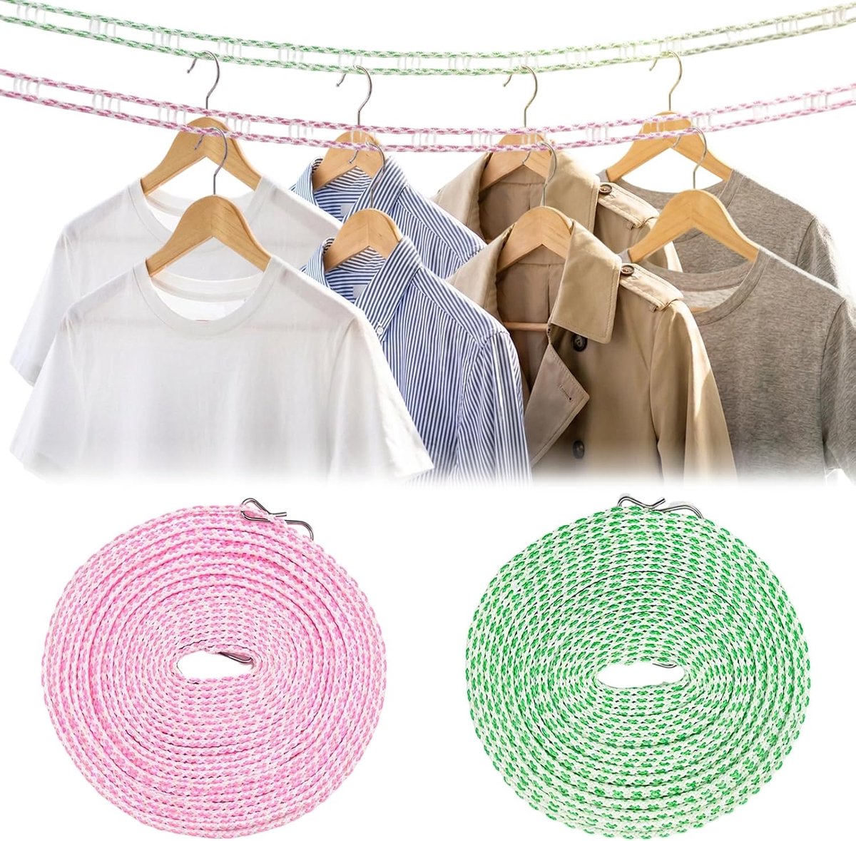 Winddichte waslijn, 8 m, antislip, draagbaar, 2 stuks - ShopVlot