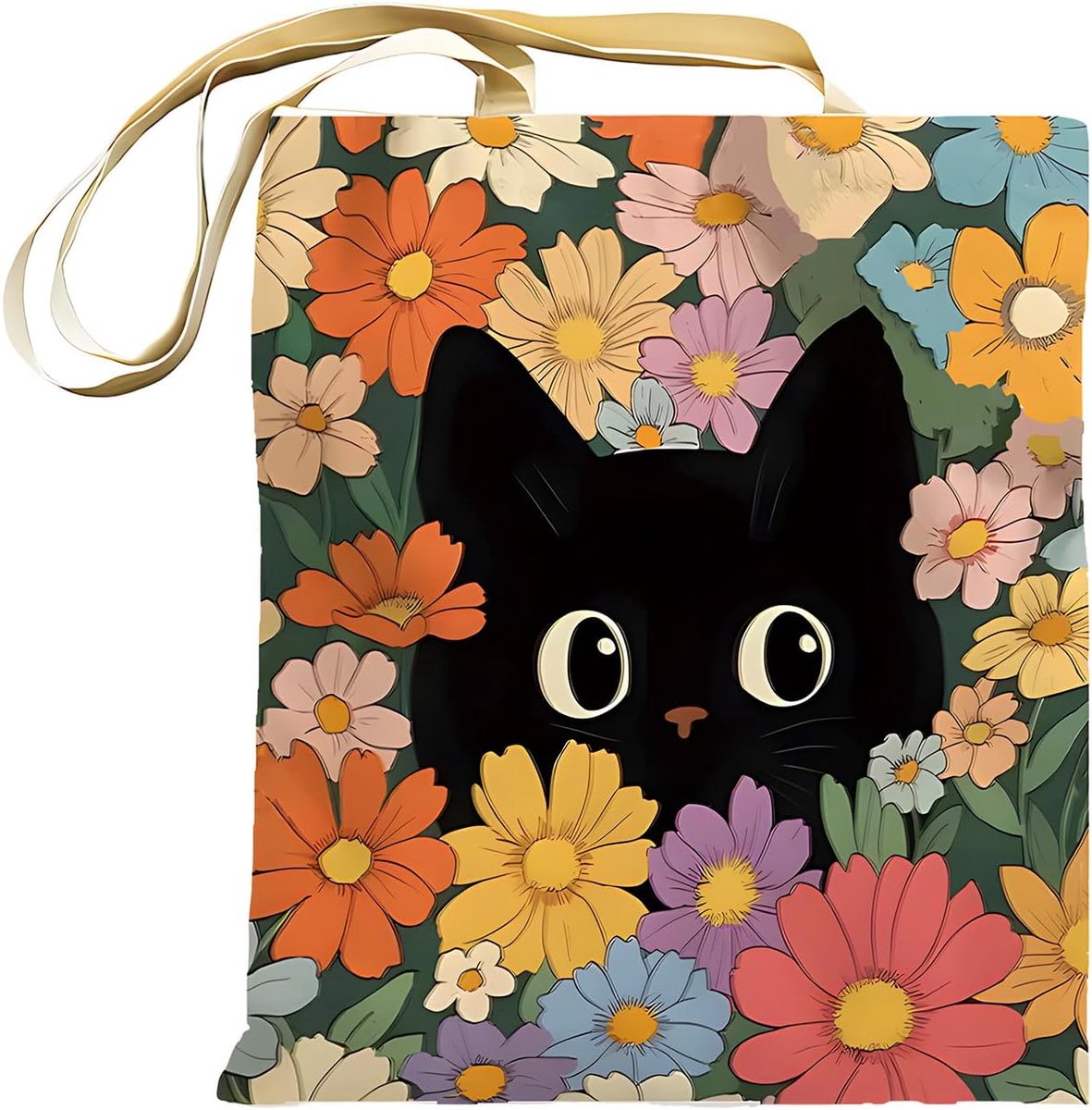 Zwarte kattenstoffen tas bedrukt, boodschappentas met drukknoopsluiting en binnenzak, herbruikbare bedrukte tas met - ShopVlot