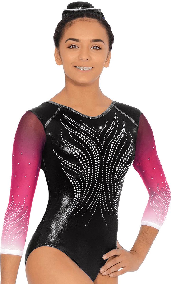 Zwart glans Valentine turnpakje lange mouwen met gaas maat 36-38 meisjes gympakje zwarte glitter stretch steentjes
