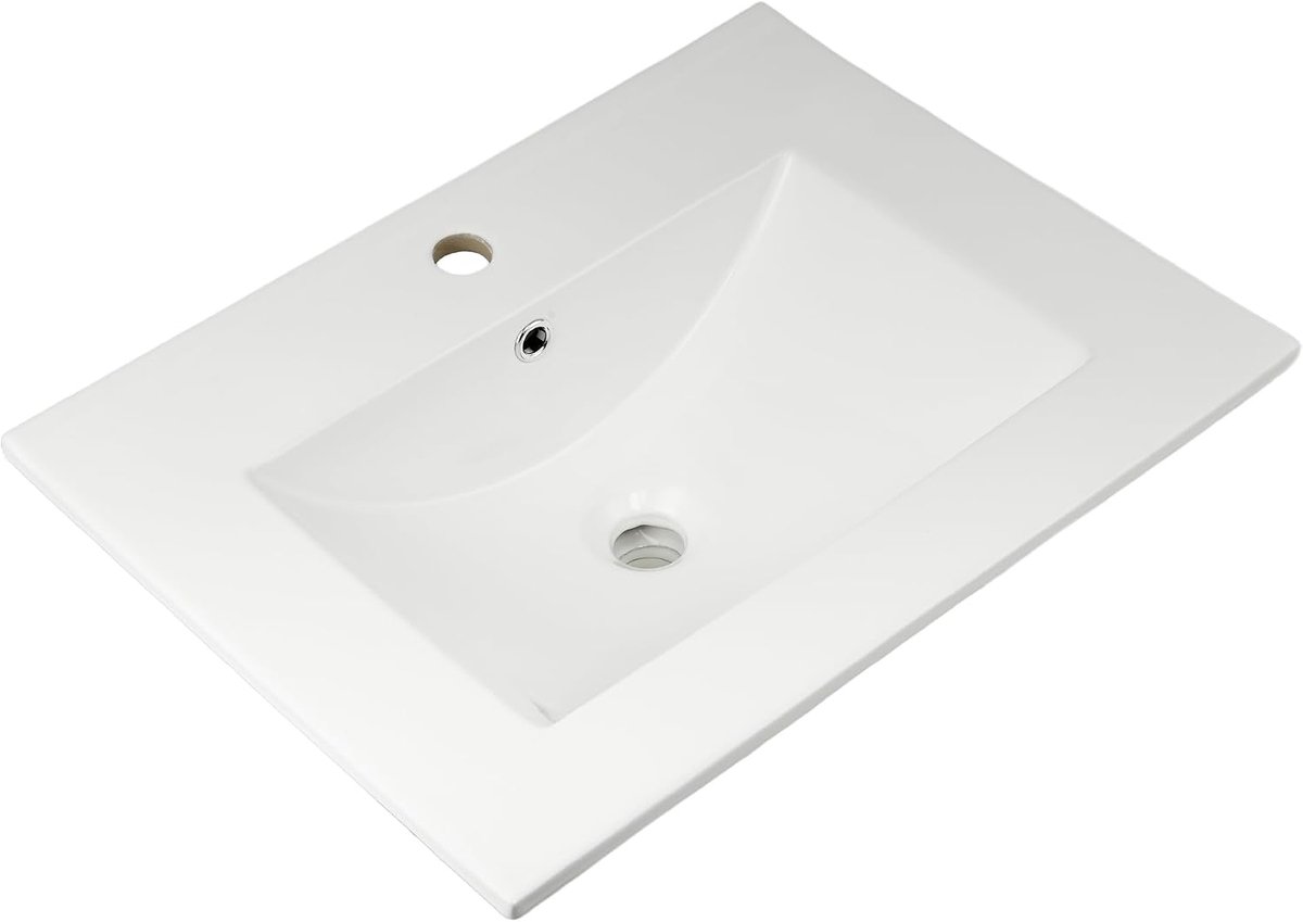 Moderne Rechthoekige Inbouw Wastafel - 60 cm (24 Inch) - Keramisch Wit - Met Kraangat en Overloop - Wastafelblad voor Badkamermeubel