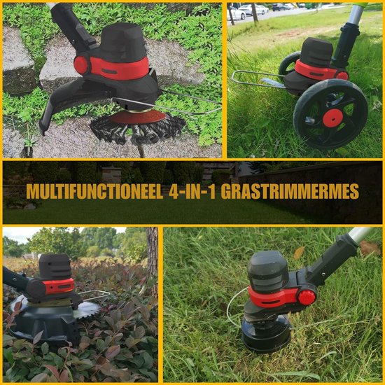 QUOVO® Onkruidborstel Electrisch - Onkruidborstel Machine - Voegenborstel - Bosmaaier Set - Kantenmaaier - Onkruidverdelger - Grastrimmer Met Accu - Incl: Accu, Zaagbladen, Messen En Oplader - Zwart/Rood - 90cm x 15cm x 13cm van Quovo — afbeelding 4