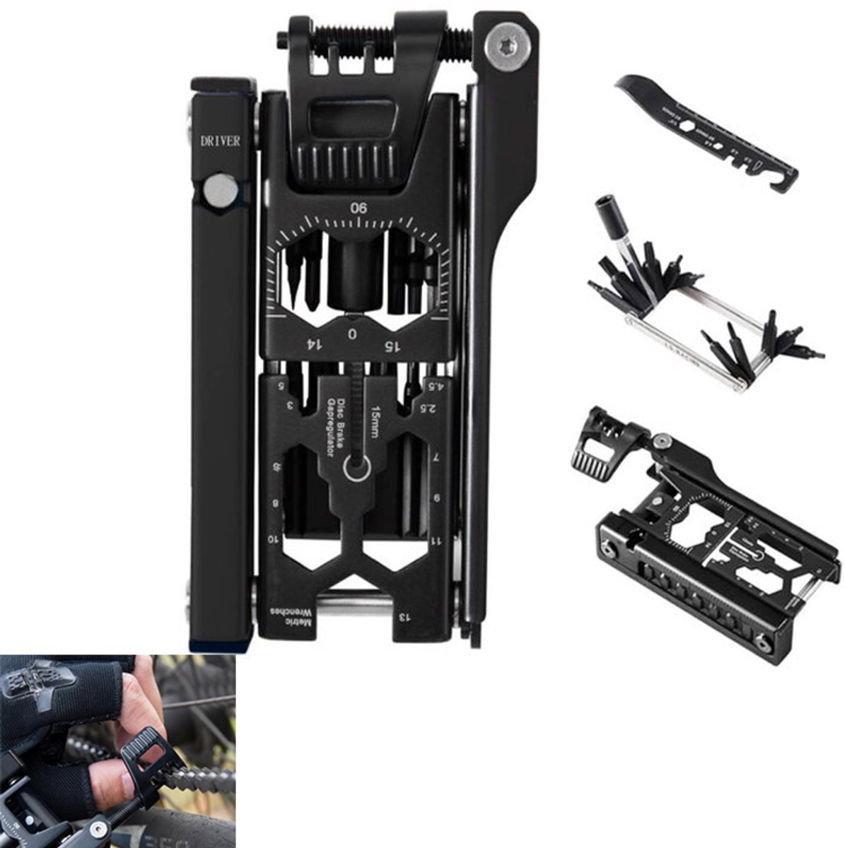 KZQ 38-in-1 fiets multitoolset met bandenlichters en kettingbreker - Inbussleutels 2,5-13 mm en Torx T10-T30 - Crankpullers en opbergzak - Zwart