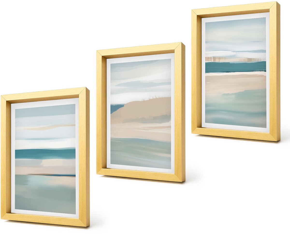 Coloray 4-Delige Schilderij Set - Abstracte landschappen in tinten blauw en beige. - 20 x 30 cm - Muurdecoratie - Schilderijen Set - Woonkamer - Wanddecoratie