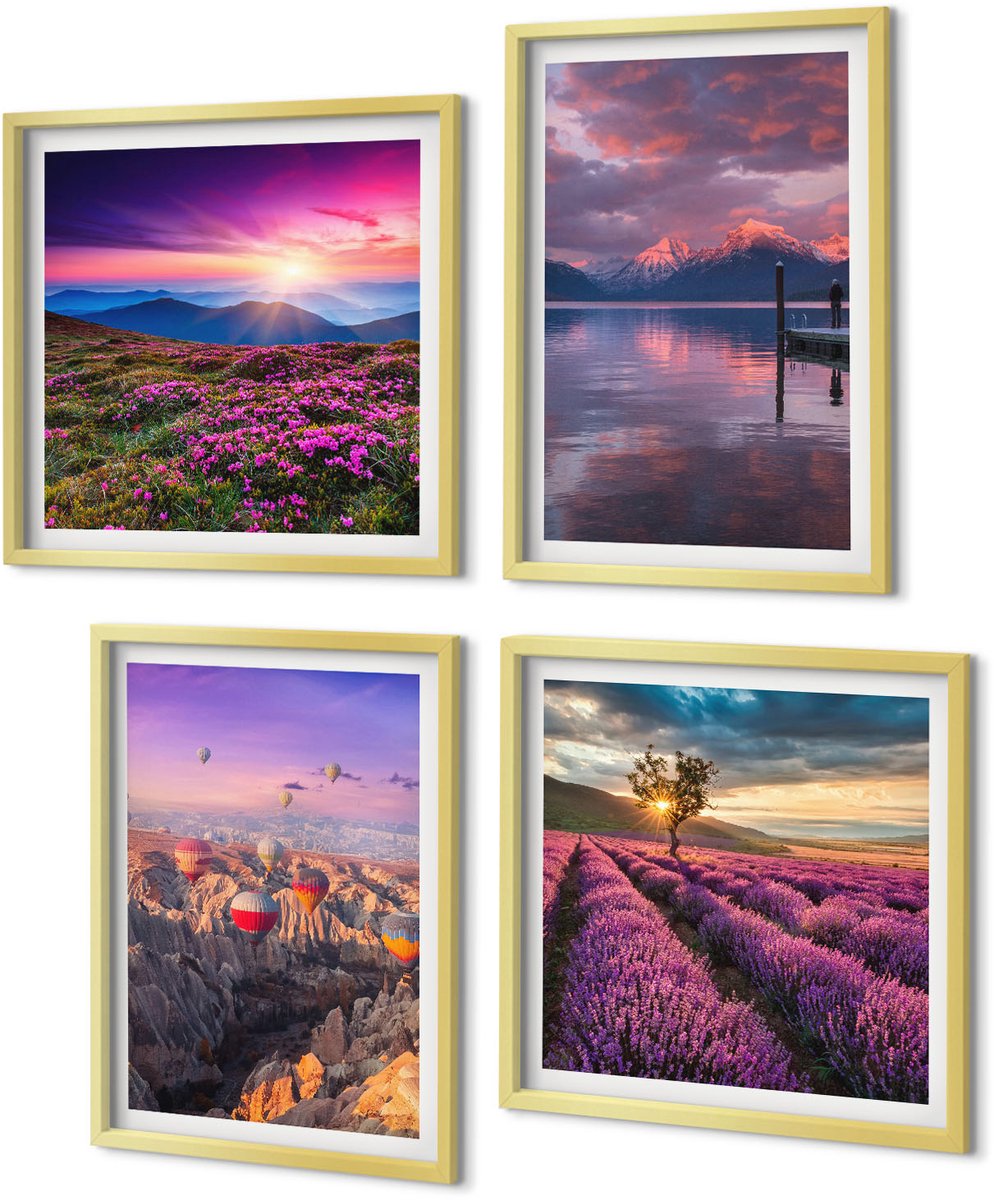 Coloray 4-Delige Schilderij Set - Landschap met lavendelvelden en zonsondergang - 40 x 40 cm en 40 x 60 cm - Wanddecoratie - Schilderijen Set - Interieur - Stijlvolle Muurdecoratie