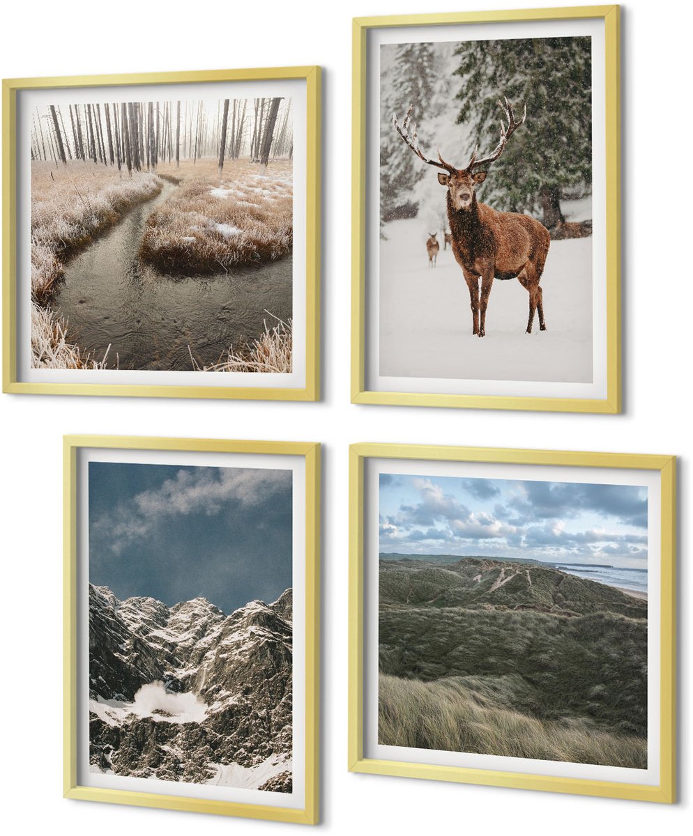 Coloray 4-Delige Schilderij Set - Bergen met sneeuwherten in boslandschappen - 40 x 40 cm en 40 x 60 cm - Wanddecoratie - Moderne Interieurdecoratie - Stijlvolle Muurdecoratie