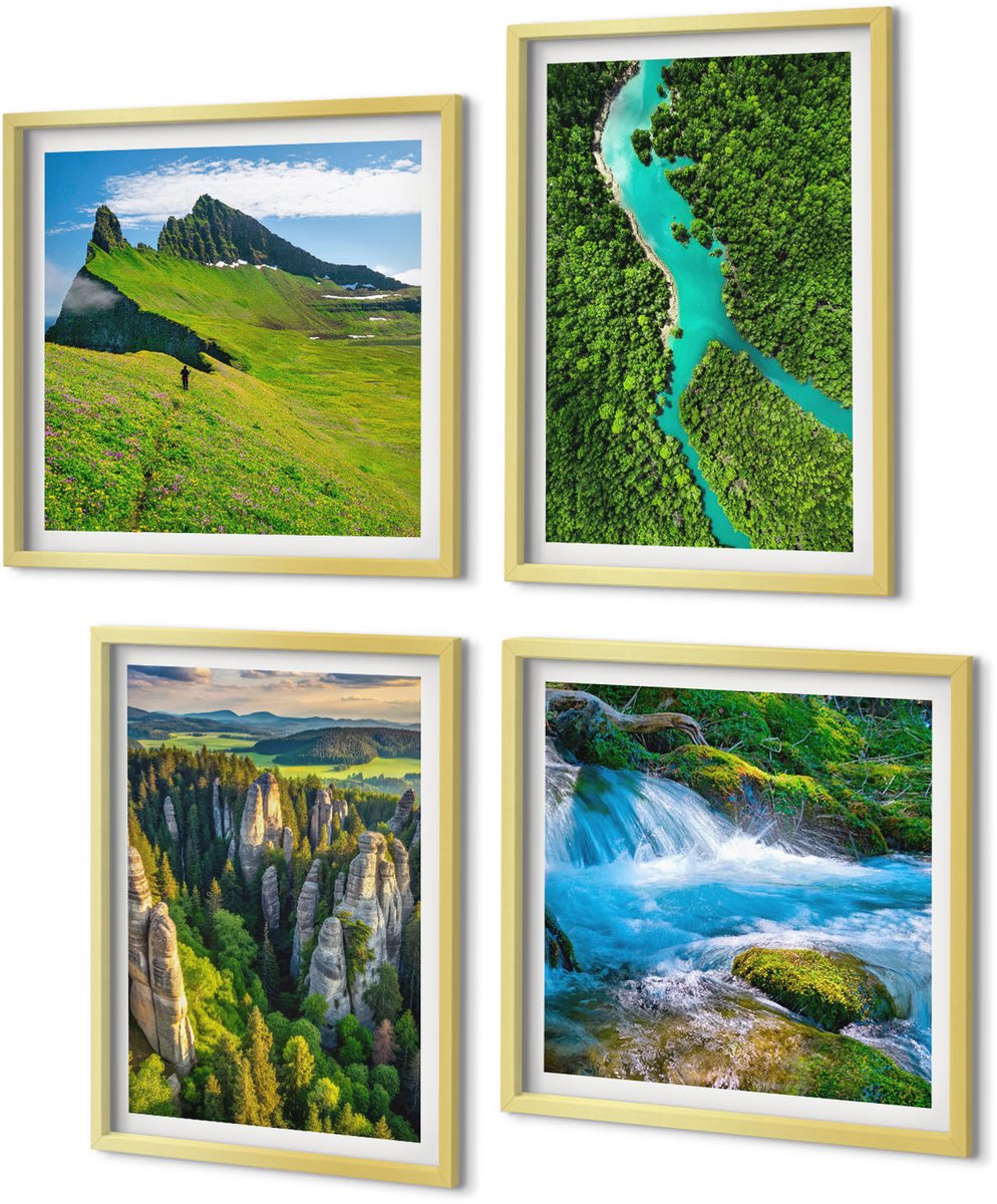 Coloray 4-Delige Schilderij Set - Groene berglandschappen met rivier en rotsen - 40 x 40 cm en 40 x 60 cm - Schilderijen Set - Wanddecoratie - Woonkamer - Moderne Wanddecoratie