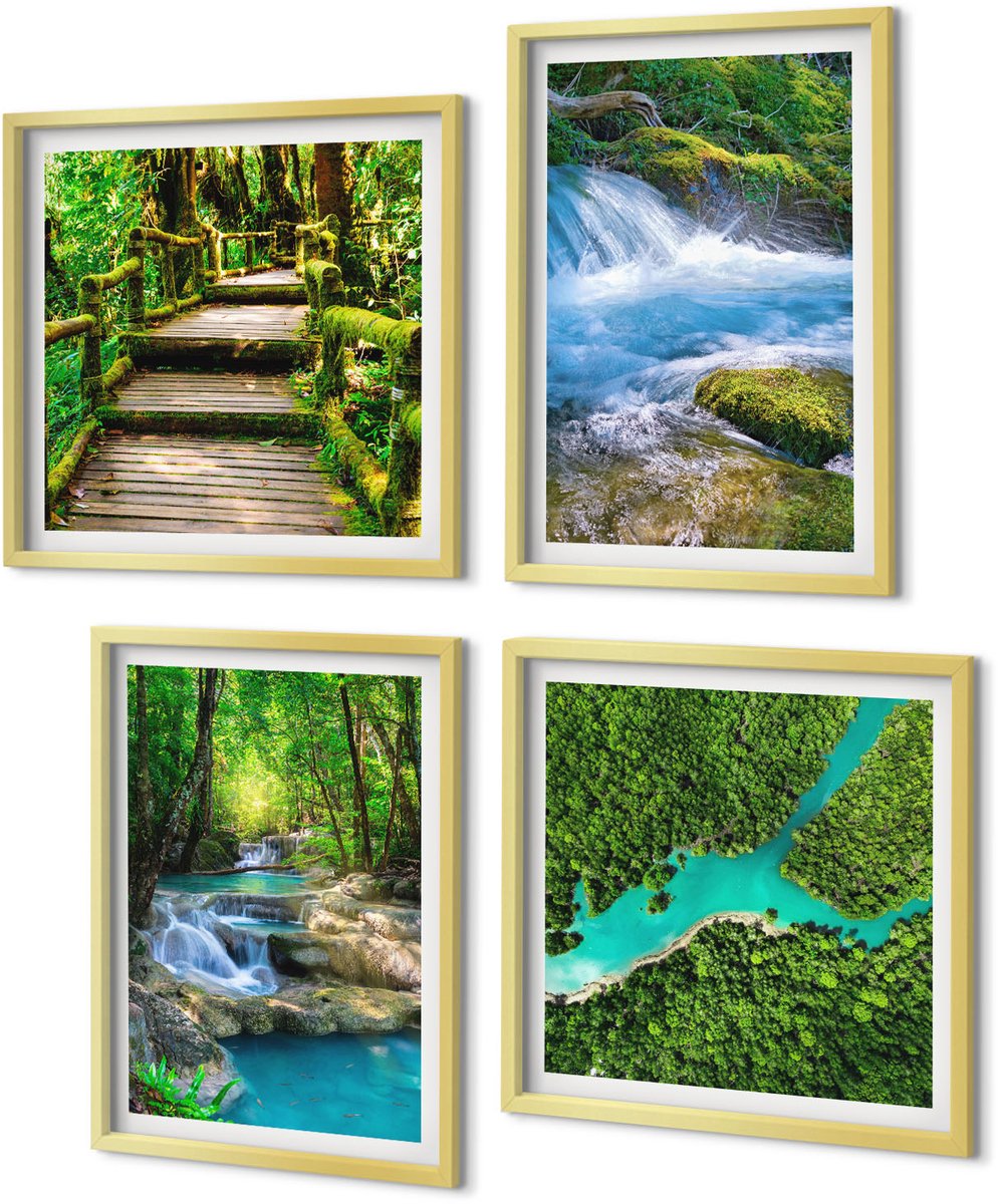 Coloray 4-Delige Schilderij Set - Groene bossen en kristalhelder rivierwater - 40 x 40 cm en 40 x 60 cm - Decoratieve Schilderijen - Wanddecoratie - Hal - Stijlvolle Muurdecoratie