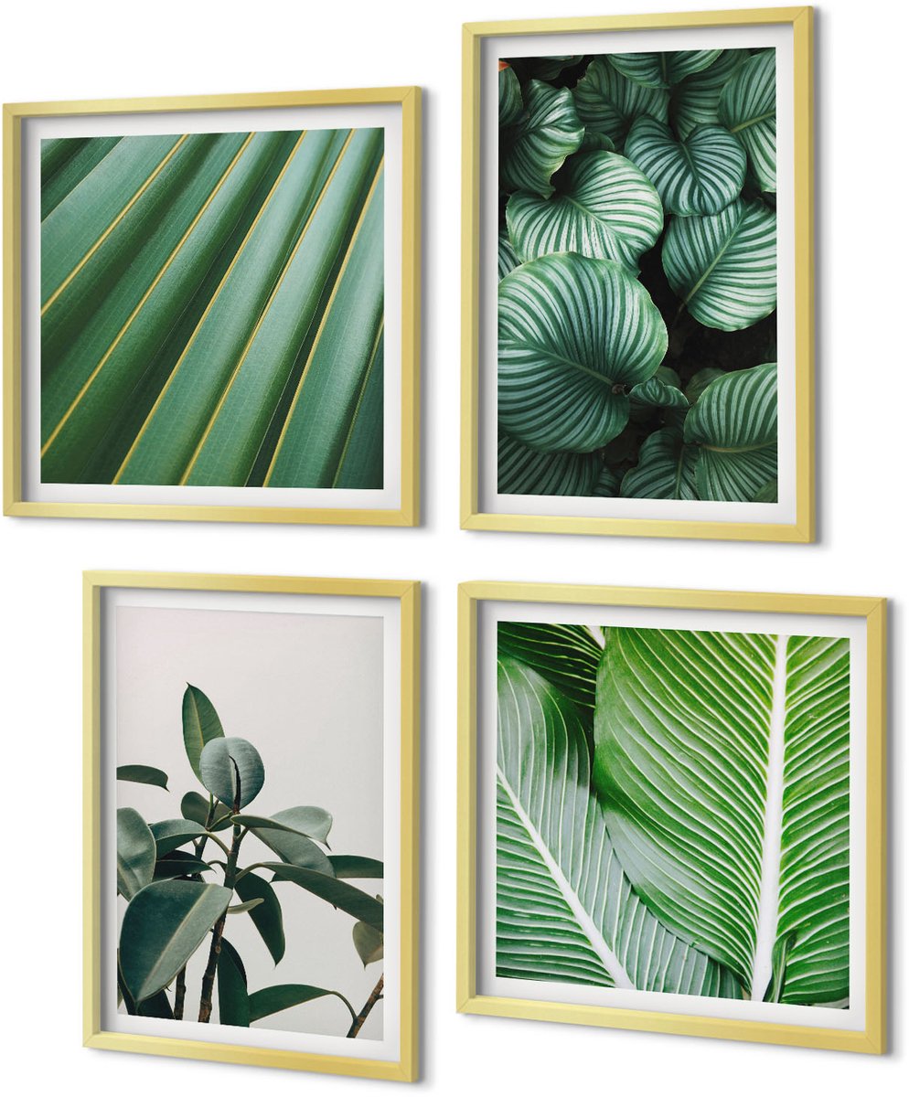 Coloray 4-Delige Schilderij Set - Esthetische tropische bladeren in diverse groene tinten - 40 x 40 cm en 40 x 60 cm - Decoratieve Schilderijen - Woonkamer - Interieur