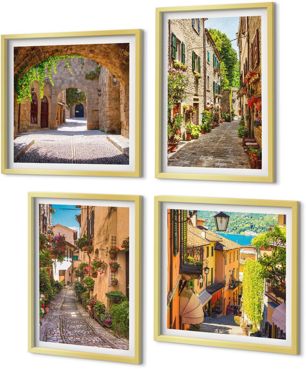 Coloray 4-Delige Schilderij Set - Italiaanse straten met bloemen en architectonische landschappen - 40 x 40 cm en 40 x 60 cm - Moderne Wanddecoratie - Woonkamer - Woonkamer Decoratie