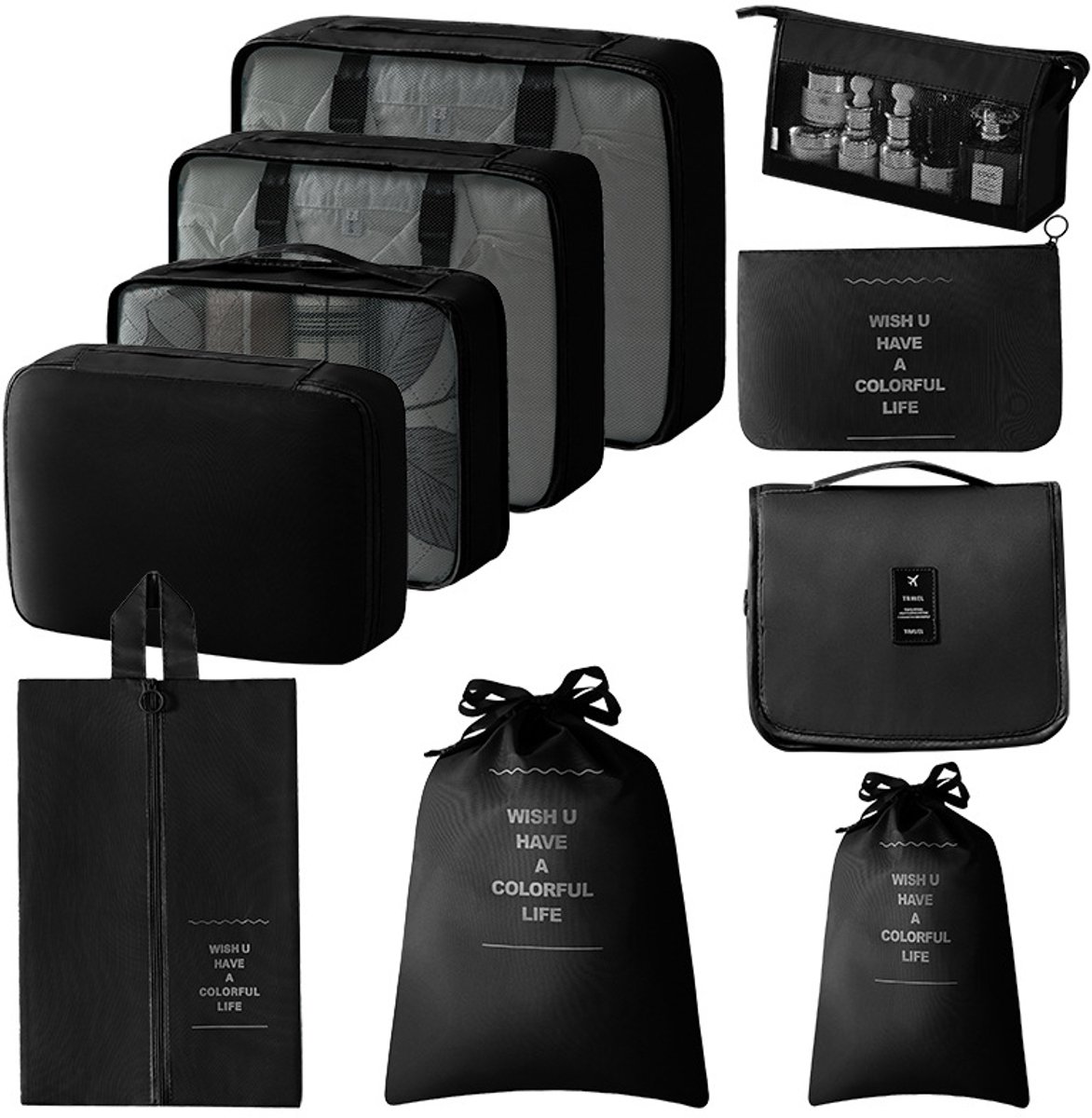 Reisorganizers (Packing Cubes) – (10-delige set) – Ademend & ruimtebesparend – Opvouwbare organizers – Lichtgewicht-draagbare bagageset voor kleding-schoenen-cosmetica en toiletartikelen
