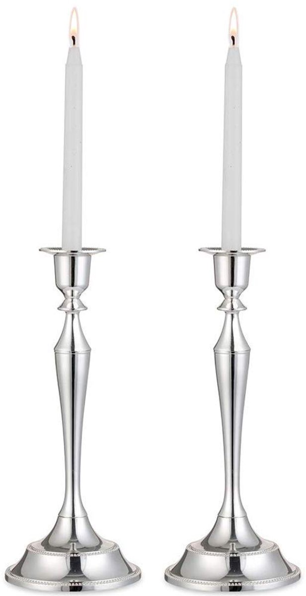 Famanu – Kaarshouders voor kaarsen, set van 2 zilveren kaarsenstandaards van 24,5 cm hoog, perfect voor bruiloften en verjaardagen