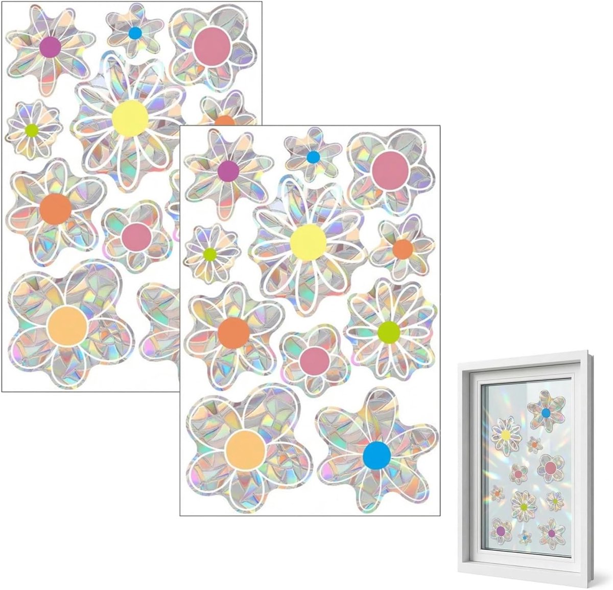 2 vellen met 22 glasstickers met kleine bloemen, prisma, regenboog, zelfklevend, voor ramen, vogelbescherming - ShopVlot