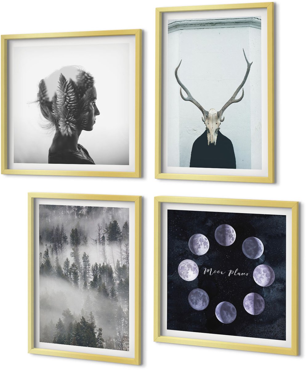 Coloray 4-Delige Schilderij Set - Bos in de mist Maanfasen Hertenschedel Vrouw - 40 x 40 cm en 40 x 60 cm - Muurdecoratie - Interieur Decoratie - Moderne Wanddecoratie