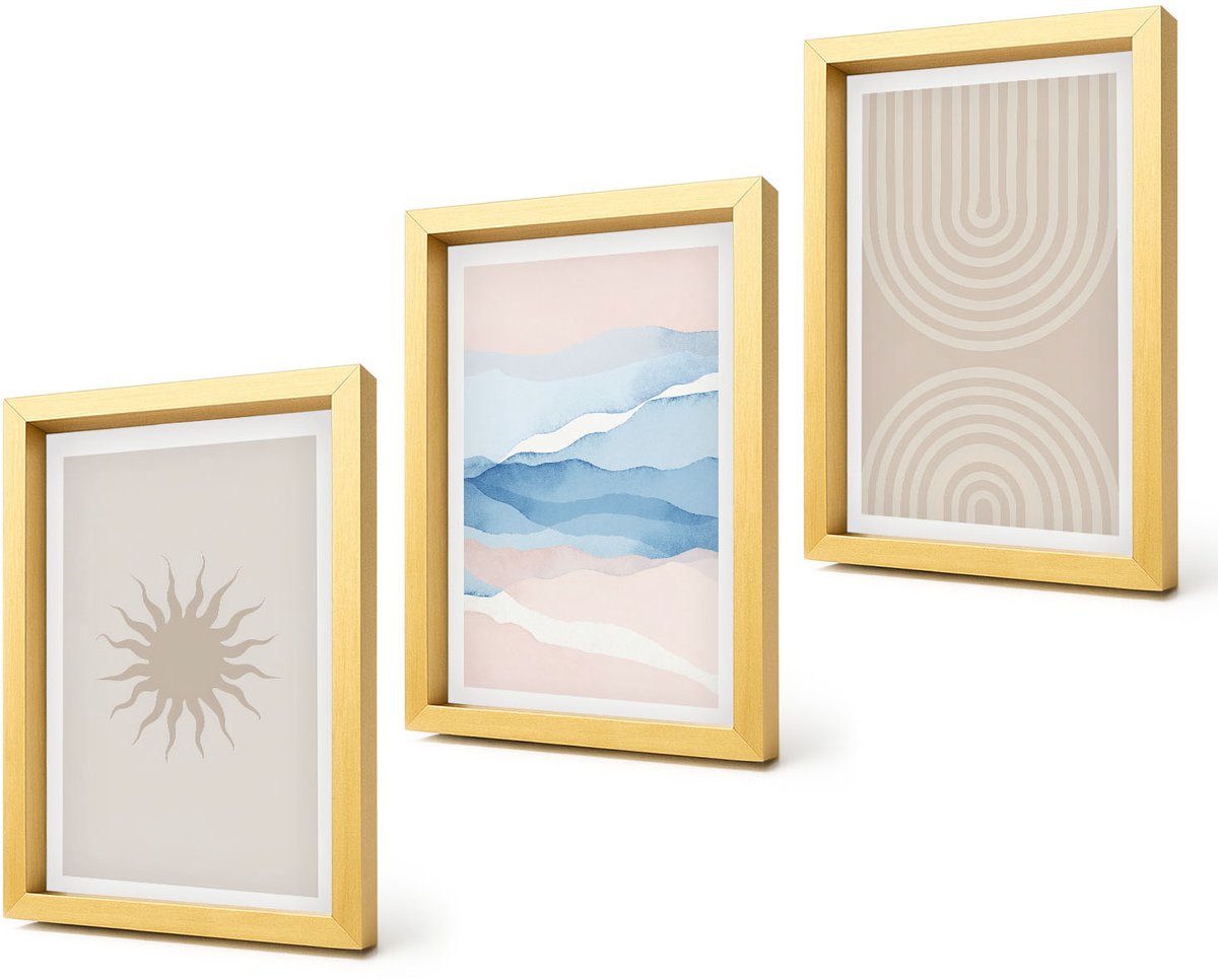 Coloray 4-Delige Schilderij Set - Zonnegolven en abstracte lijnen in pastelkleuren - 20 x 30 cm - Wanddecoratie - Moderne Interieurdecoratie - Woonkamer Decoratie