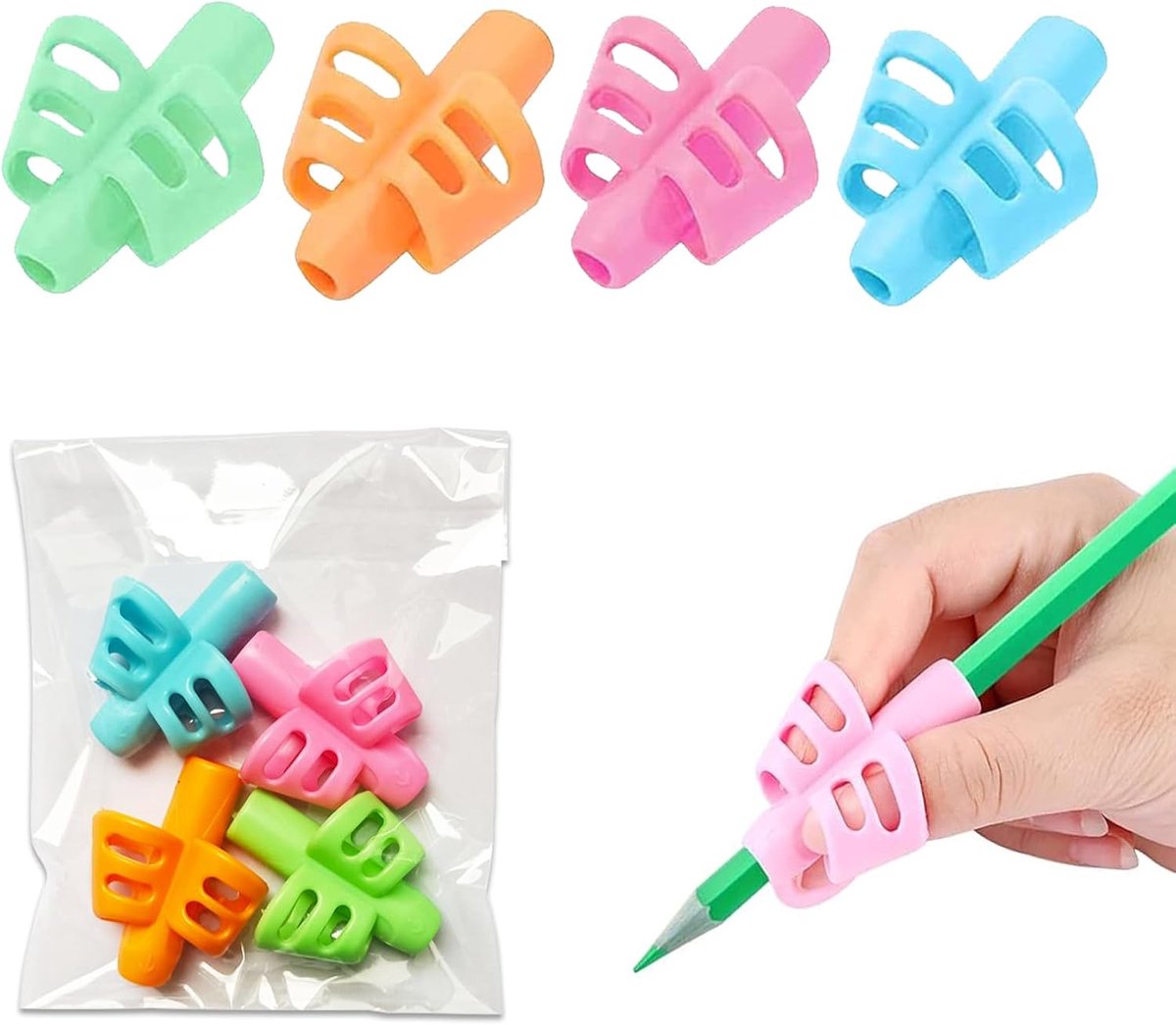 4 Pcs Pencil Grips for Kids - Handwriting Aid, Double Fingers Pencil Grip Trainer, Soft Silicone Corrector - ShopVlot