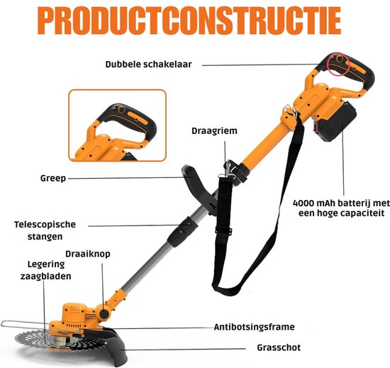 QUOVO® Onkruidborstel Electrisch - Onkruidborstel Machine - Voegenborstel - Bosmaaier Set - Kantenmaaier - Onkruidverdelger - Grastrimmer Met Accu - Incl: Accu, Zaagbladen, Messen En Oplader- Oranje- 90cm x 15cm x 13 cm van Quovo — afbeelding 4