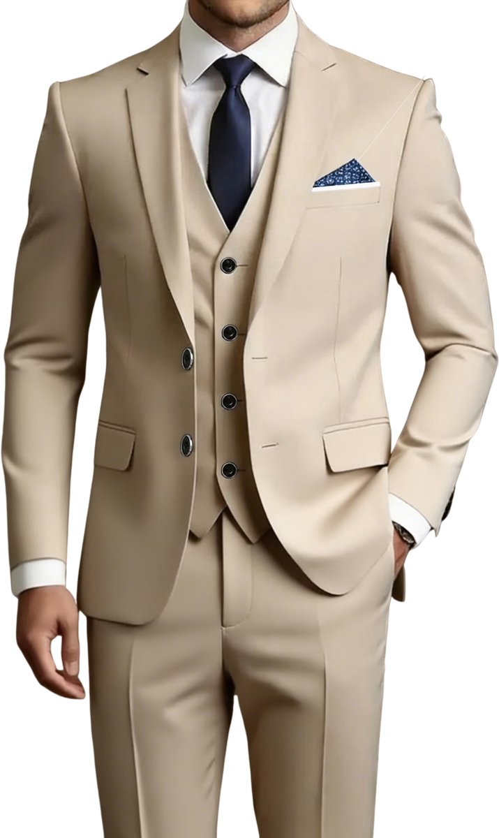 Currero 3 Delig Herenpak Met Overhemd Suit 2 Delig Tailored Fit Kostuum Business Pak Trouwpak Smoking Tuxedo Stijl Bruiloft Kantoor & Feest Beige