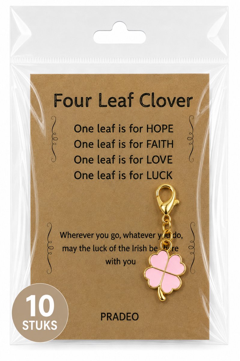 Pradeo - Klavertje Vier Sleutelhanger - Hangertje - Klavertje 4 - Four Leaf Clover - Key Chain - Pocket Hug - Geluk - Klein Geschenk - Bedankt Cadeautje - Familie, Vrienden, Collega of Meester & Juf - Met Kaartje Met Tekst - Licht Roze - 10 Stuks