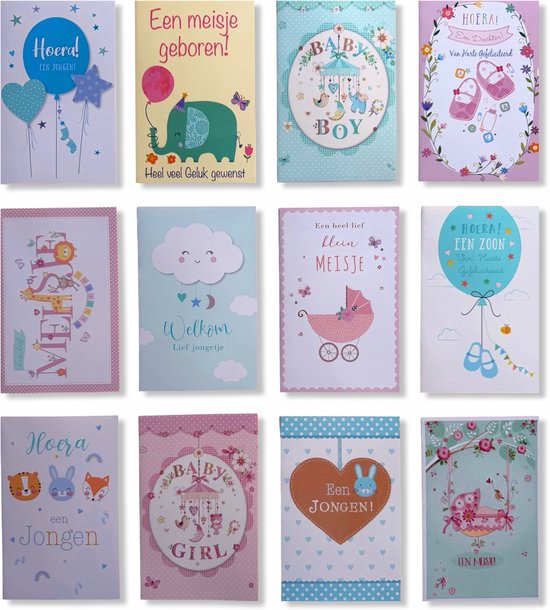 Twaalf wenskaarten voor geboorte. Kaarten met thema's als 'Een jongen!', 'Een meisje geboren!', 'Welkom lief jongetje' en 'Hoera! Een zoon'. Met illustraties van ballonnen, dieren, baby's en strikken.
