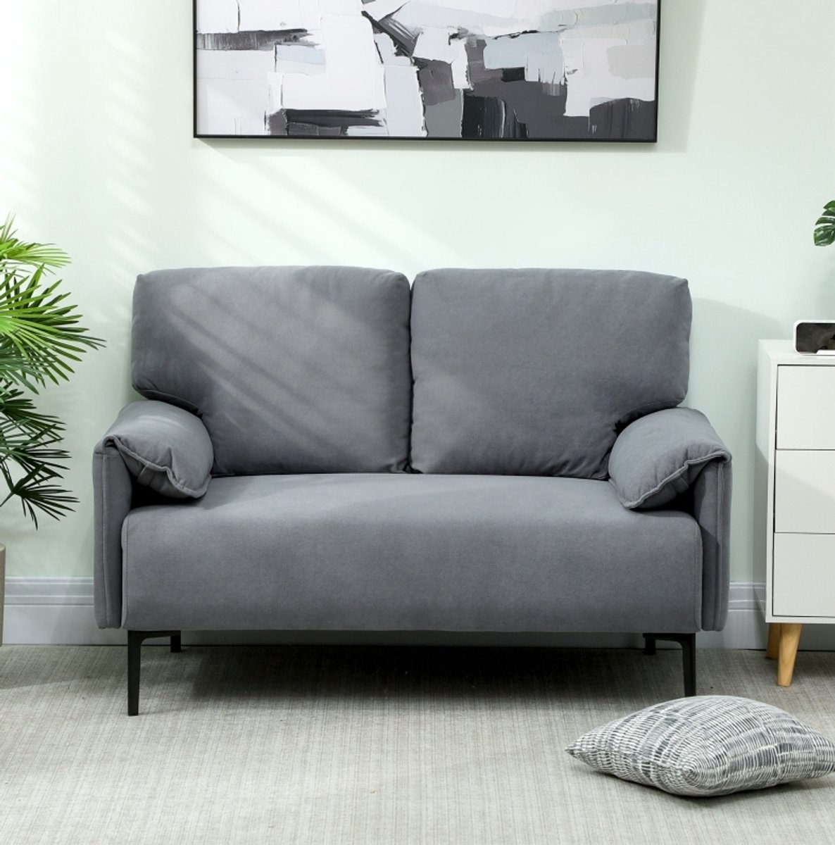 DESMIU Bank 2-Zits 127 Cm - Zachte Stoffen Zitbank Met 2 Rugkussens En Metalen Poten - Voor Woonkamer En Kantoor - Grijs