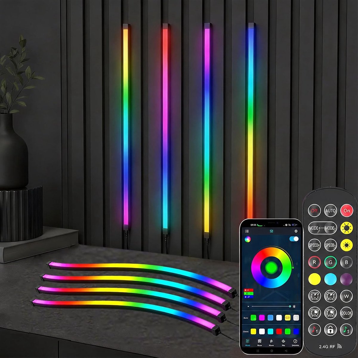Akoestische Led Paneelverlichting - Multikleur - 4 x 100 cm - Dimbare Ledstrip met Afstandsbediening - Voor Binnenverlichting