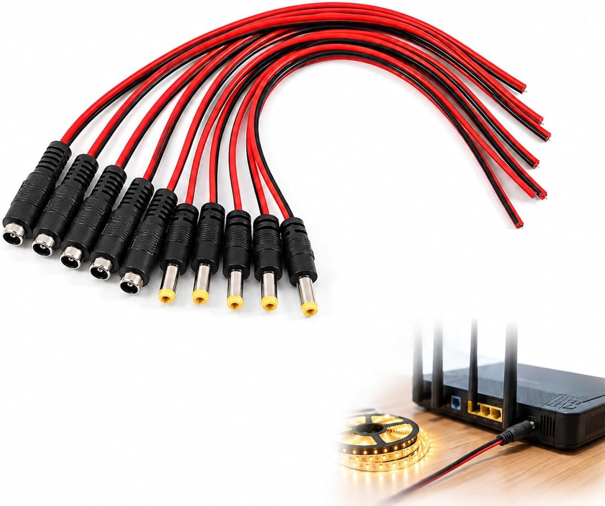 10 stuks DC-pigtailkabel, DC-stekker, 5,5 x 2,1 mm, pigtail-stroomkabels mannelijk vrouwelijk voor CCTV-camera - ShopVlot