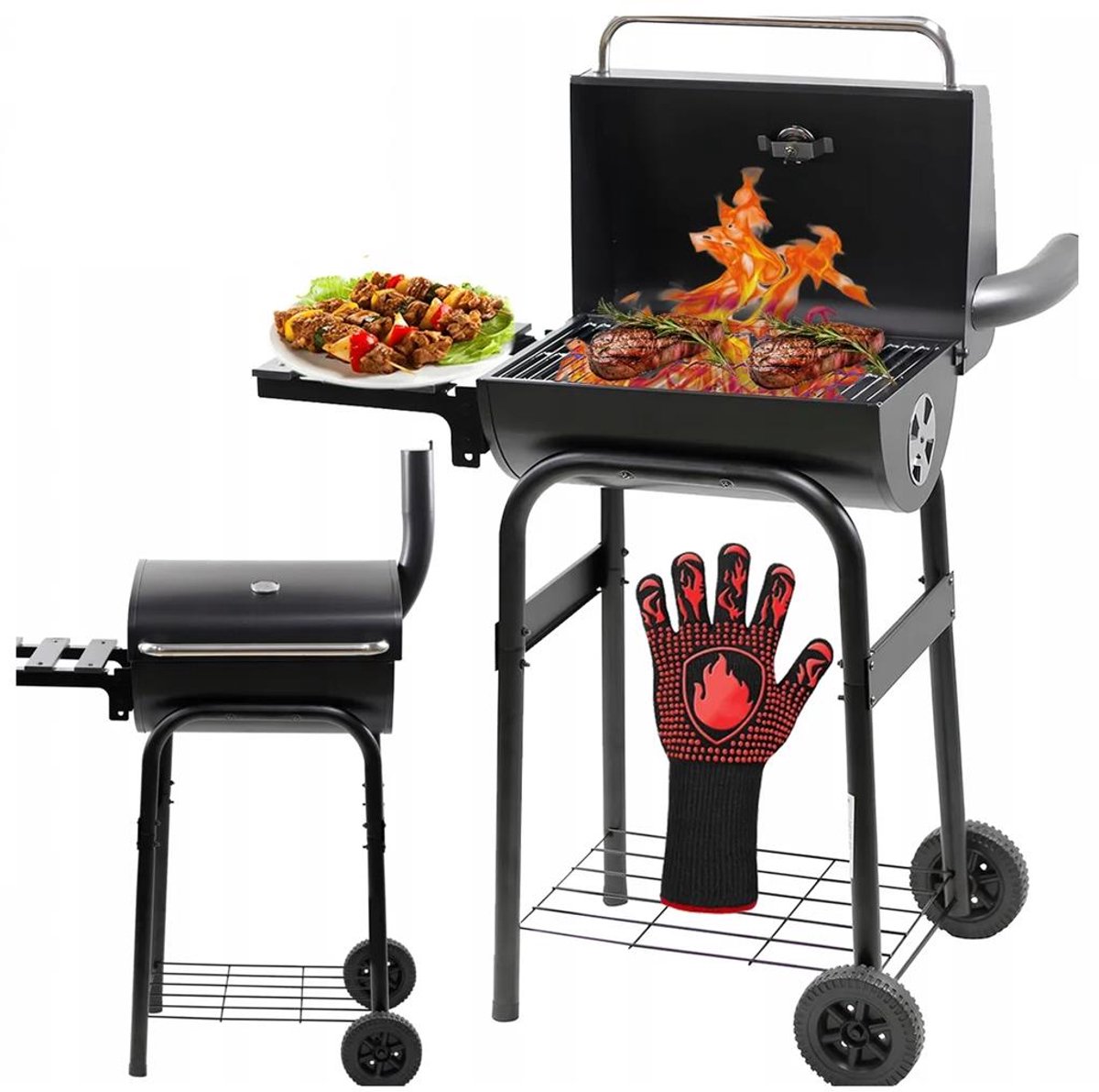 Stevige Koolgrill met Deksel, Plank & Rookkanaal op Wielen