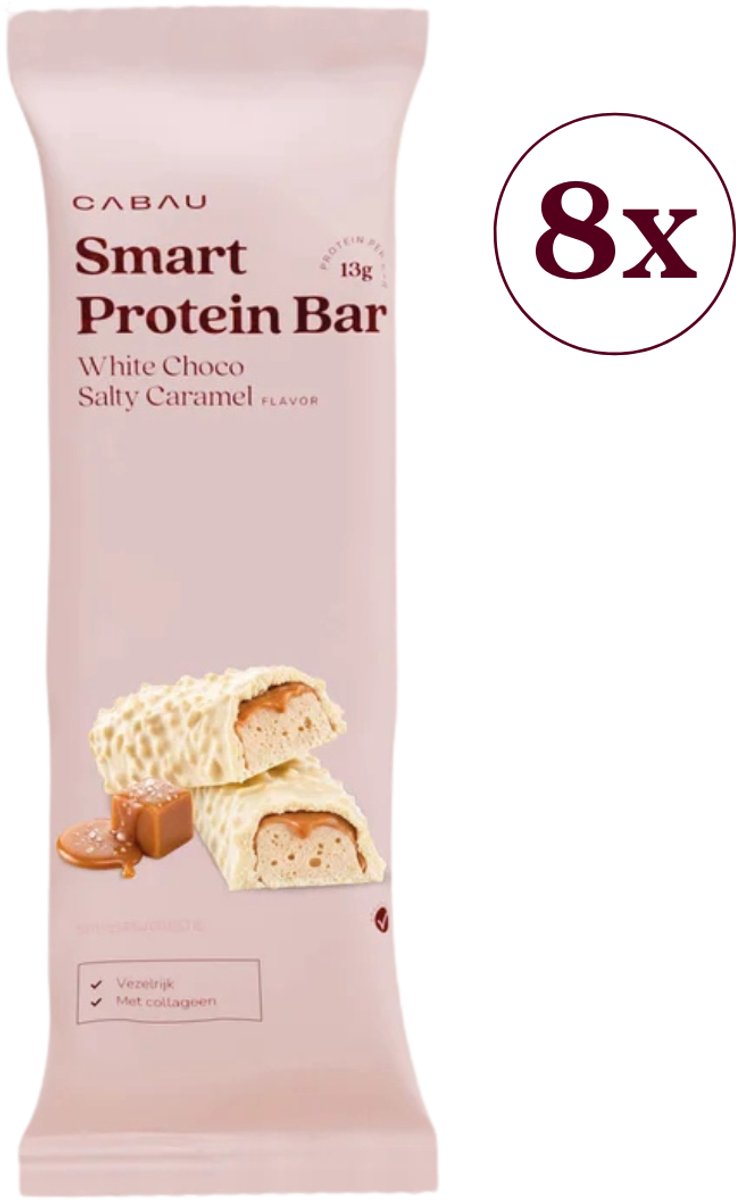 Cabau – Smart Protein Bar – White Choco Salty Caramel – Eiwitreep 13 Gram Eiwit, Onder 200 kcal – Rijk aan Vezels – Guilt-Free Tussendoortje – Doos met 8 Repen van 45 Gram