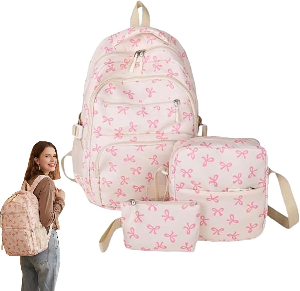KZQ Bow Backpack - Cute Kawaii Backpack Set Aesthetic Daypack Coquette Rucksack (White pink)