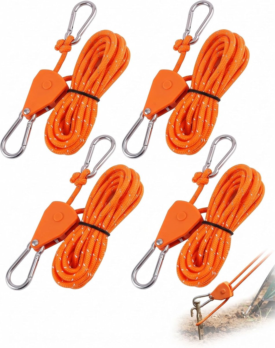 4 stuks katrol met koordrem, verstelbare ratel, spankabels, spanner met karabijnhaak voor camping, tenten (4 m, φ 4 mm) - ShopVlot