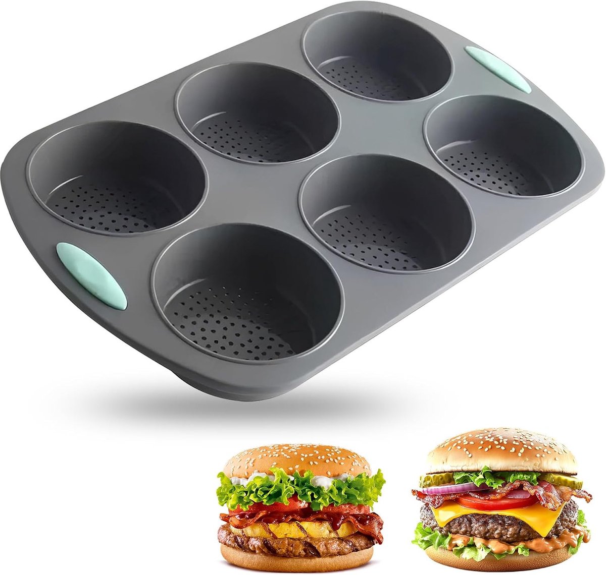 Burger Buns Silicone Baking Mould, 10 cm Diameter, Round Baking Mould with 6 Holles for Burgers, Rolls, Bread - ShopVlot