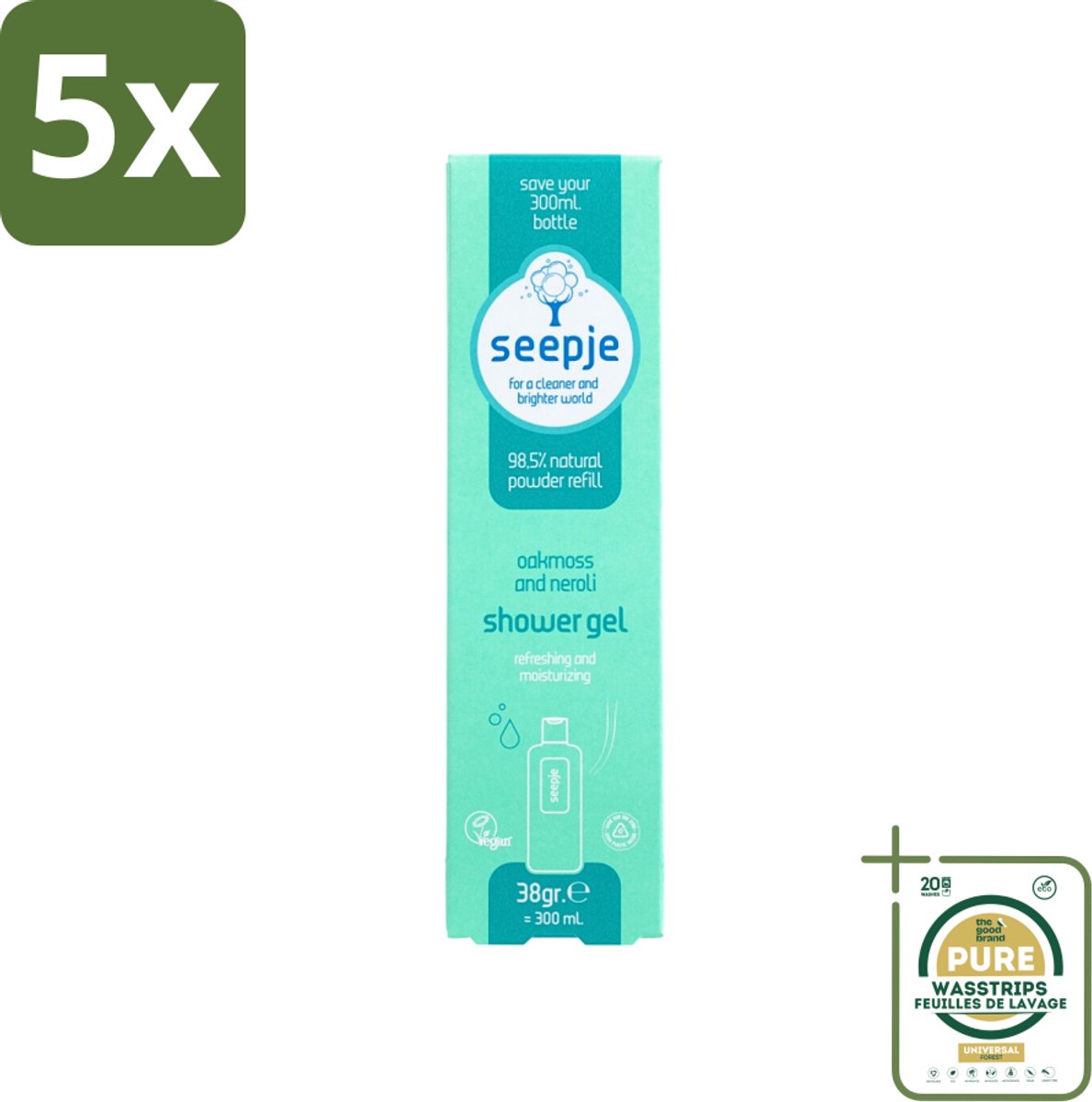 5 x Seepje - Douchegel - Duurzaam & Handig - Eikenmos en Neroli - Navulling - 38 gr - Grootverpakking - Douchegel Navulling - Eikenmos - Neroli - Duurzaam Douchegel - Natuurlijke Douchegel
