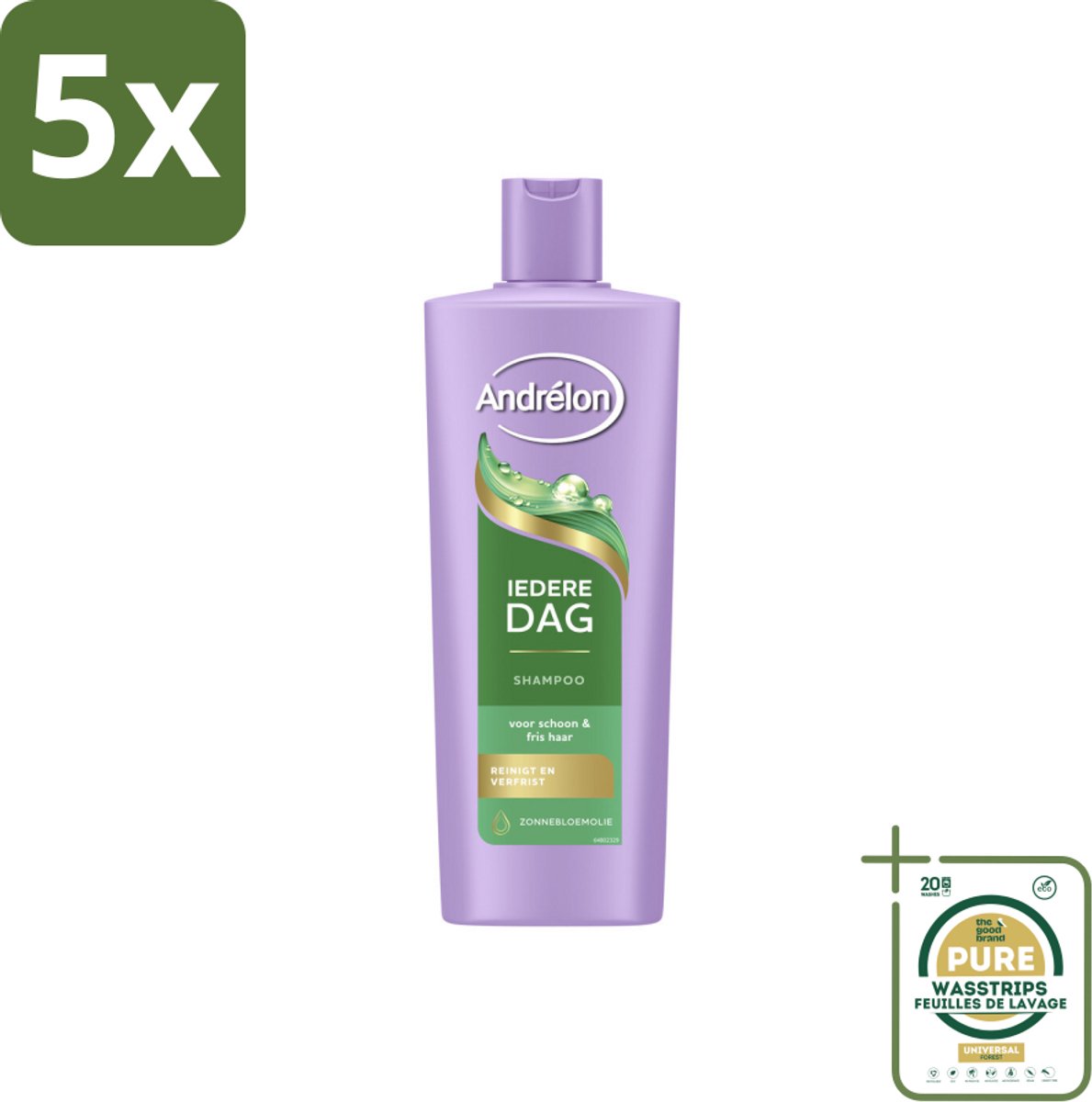 5 x Andrélon – Shampoo – Iedere Dag – 400 ml - Grootverpakking - Iedere Dag Shampoo - Dagelijks Wassen - Haar Verzorging - Zonnebloemolie Shampoo - Milde Shampoo