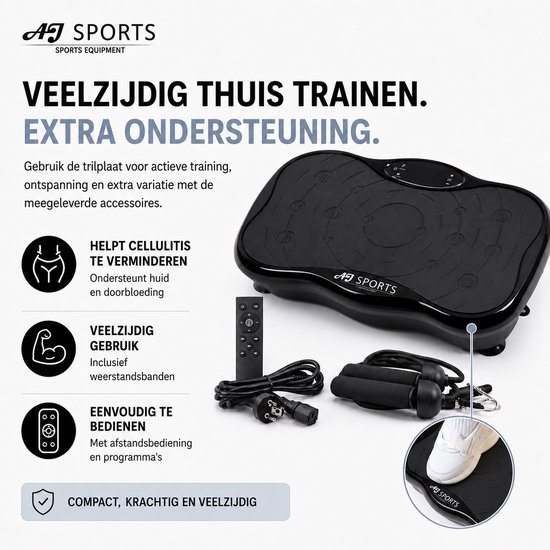 Zwarte AJ Sports trilplaat met afstandsbediening, weerstandsbanden, handvatten en sneakers.