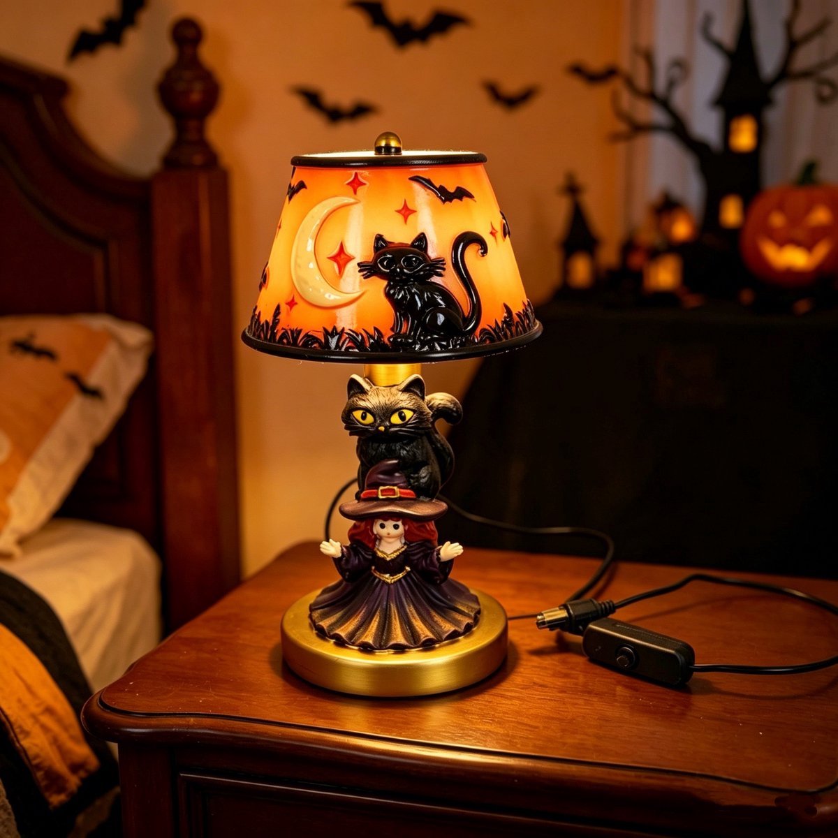 Casalora® Halloween Spook Tafellamp – LED Resin Lamp met Vleermuis en Pompoen – USB Oplaadbare Gothic Nachtlamp voor Halloween Decoratie en Woonkamer