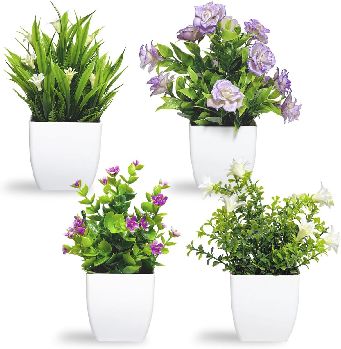 Fake Plants Set of 4 Small Indoor Artificial Plants Artificial Plants Artificial Green with Flower Mini Decorative - ShopVlot