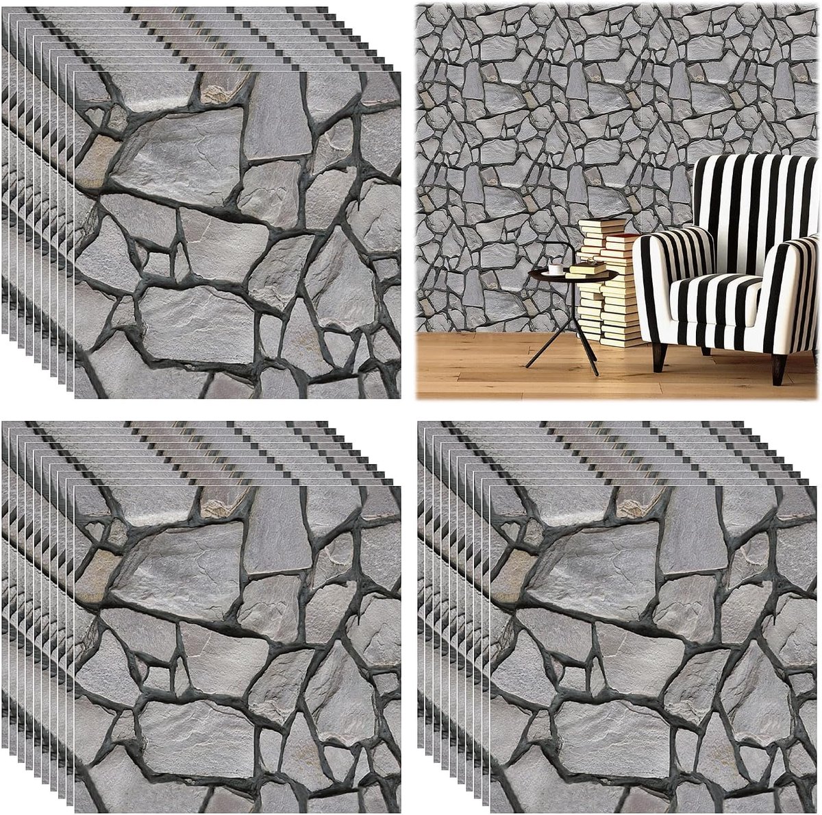 Pack of 30 Wall Cladding, Stone Look, 30 x 30 cm, Waterproof PVC Stone Wallpaper, 3D Wall Panels, Stone Look - ShopVlot