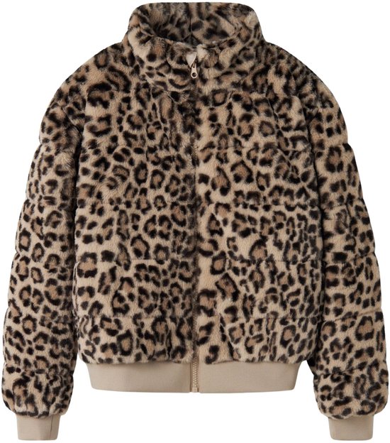 Bruin-zwart luipaardprint nepbont jack met beige boorden, van voren gezien.