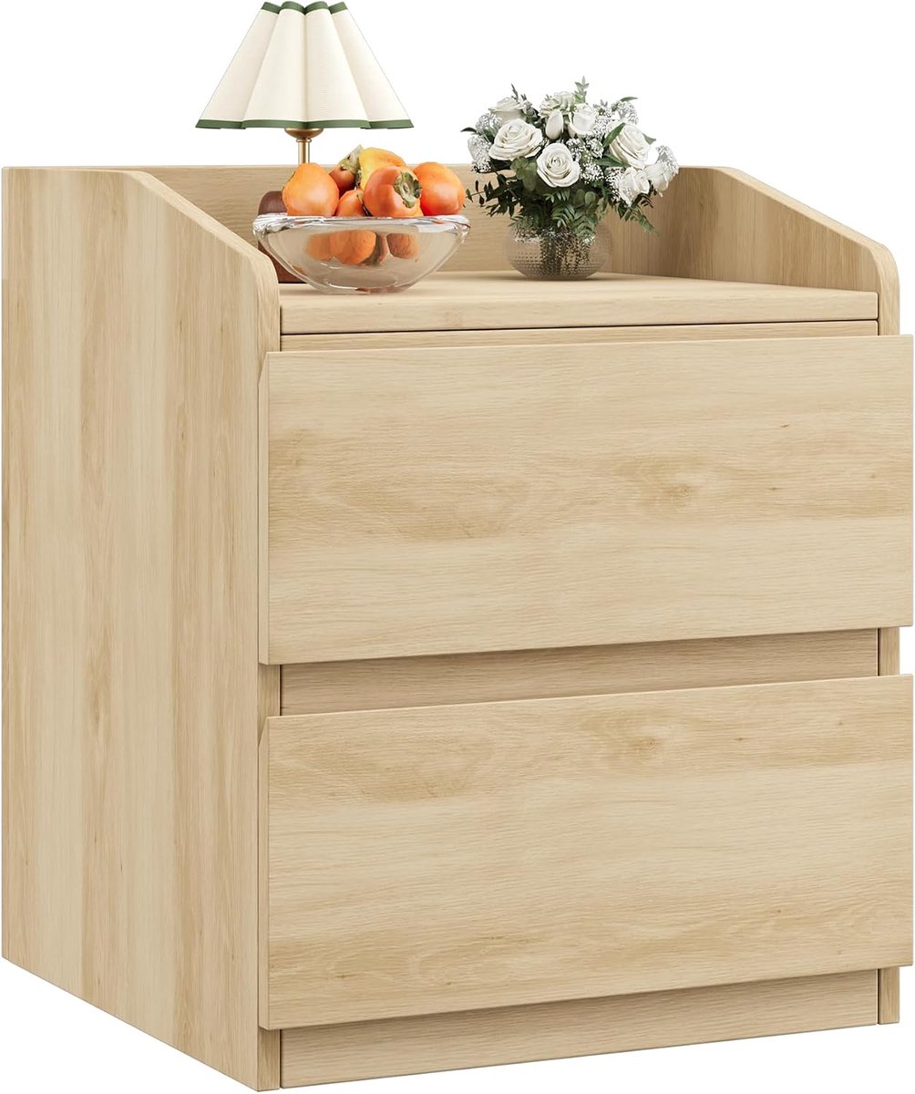 Modern gebogen nachtkastje, hout kleur, 2 lades, greeploos ontwerp, ruime opbergruimte voor slaapkamer of woonkamer.